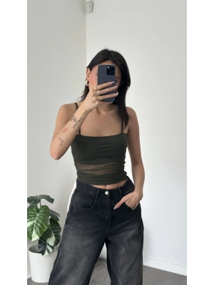 Jenny Haki Askılı Astarlı Tül Bluz