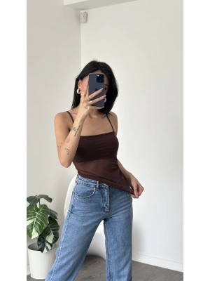 Jenny Kahve Askılı Astarlı Tül Bluz
