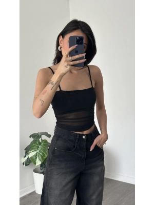 Jenny Siyah Askılı Astarlı Tül Bluz