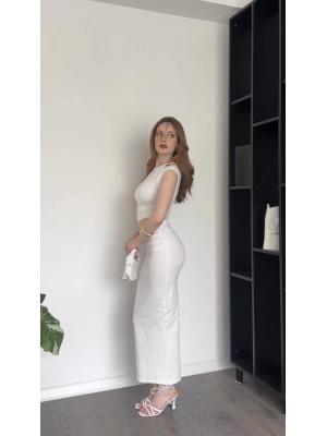 Jose Beyaz Bel Dekolteli Maxi Elbise
