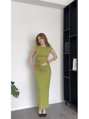 Jose Yeşil Bel Dekolteli Maxi Elbise