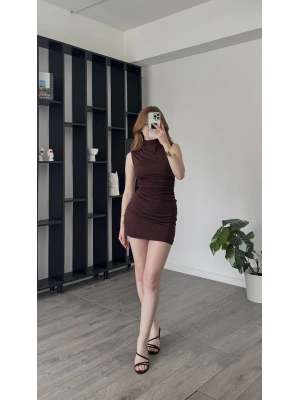 Kahve Alexa Balıkçı Yaka Yandan Büzgülü Elbise