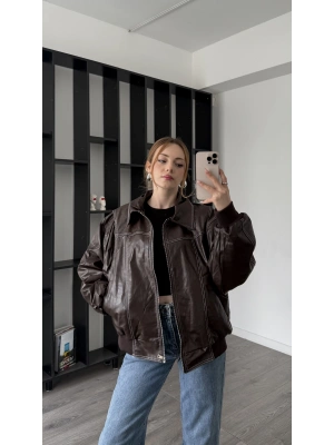 Kahve Premium Amy Dikiş Detaylı Oversize Deri Ceket
