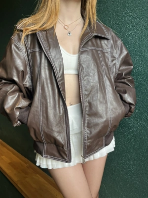 Kahve Amy Premium Dikiş Detaylı Deri Ceket