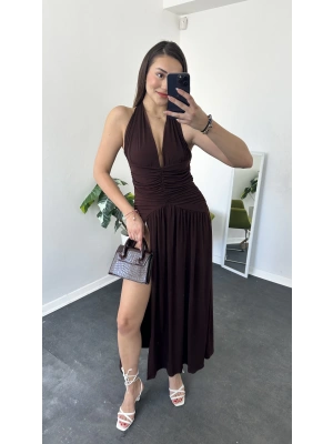 Kahve Astarlı V Yakalı Belden Oturma Elbise