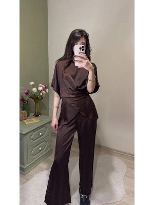 Kahve Aura Bağcıklı Saten Takım