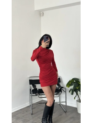 Kırmızı Büzgülü Basic Mini Elbise