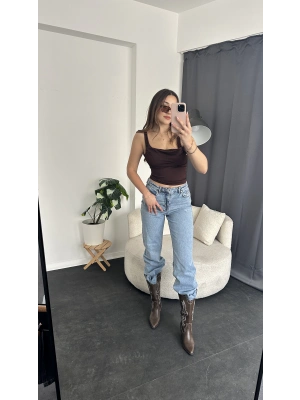 Kahve Drape Kare Yakalı Askılı Bluz