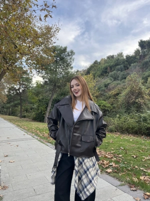 Kahve Elia Premium Biker Deri Ceket