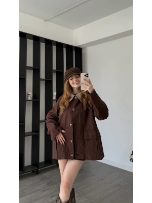 Kahve Emilia Yaka Detaylı Gabardin Ceket