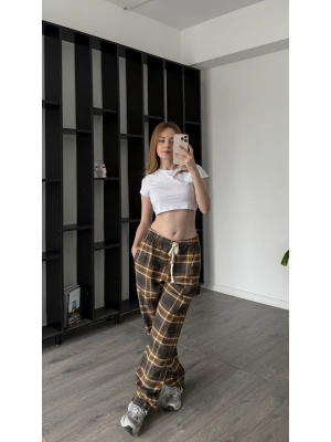 Kahve Frida Unisex Ekose Eşofman Altı