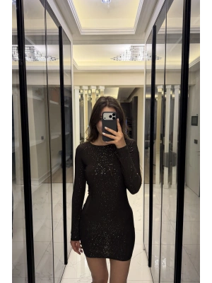 Kahve Işıltılı Sırt Dekolteli Mini Elbise