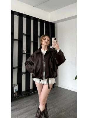 Kahve Jenna Kemerli Bomber Deri Ceket