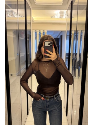 Kahve Jenna Transparan Tül Bluz