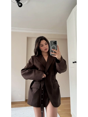Kahve Kemer Detaylı Oversize Blazer Ceket