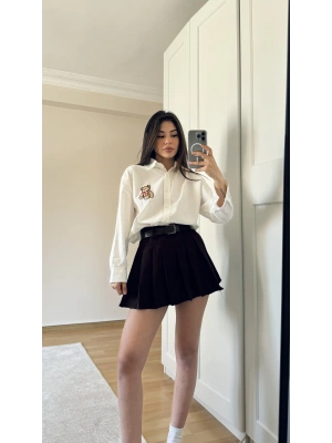 Kahve Kemer Detaylı Pileli Klasik Etek