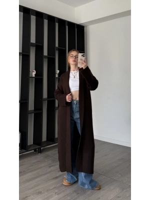 Kahve Kenny Şal Yakalı Uzun Triko Hırka