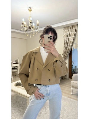 Kahve Kruvaze Düğmeli Kısa Trençkot