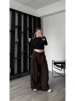 Kahve Luicy Pileli Bol Pantolon