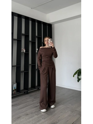 Kahve Lumi Asimetirk Kayık Yaka Modal Takım