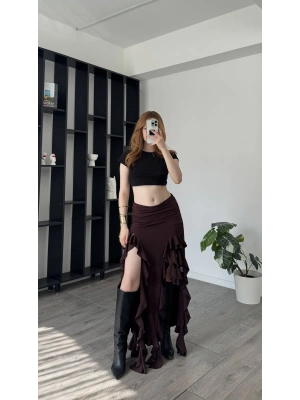 Kahve Pinna Fırfır Yırtmaçlı Etek