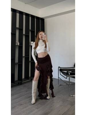 Kahve Pinna Tasarım Fırfır Yırtmaçlı Etek