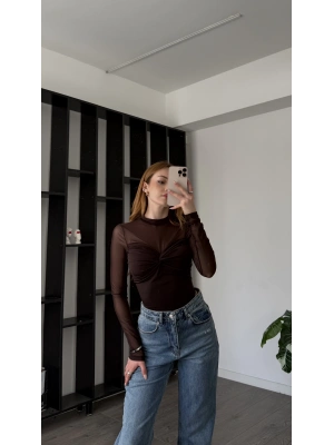 Kahve Rosa Tül Detay Düğüm Bluz