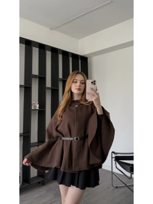 Kahve Rozy Kemerli Kaşe Panço