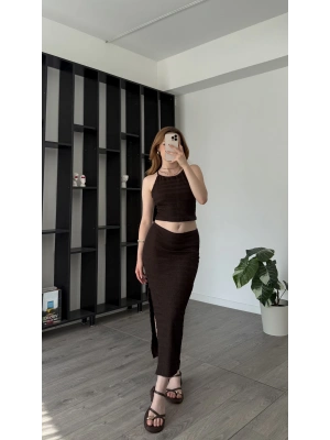 Kahve Selina Dokulu Bluz Etek 2’li Takım