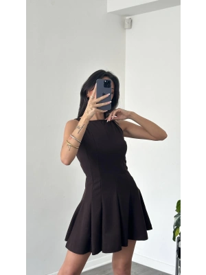 Kahve Sıfır Kol Pileli Elbise