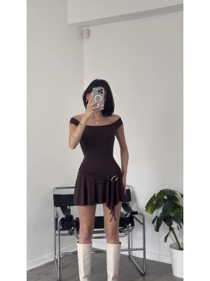 Kahve Tokalı İp Kemerli Madonna Elbise