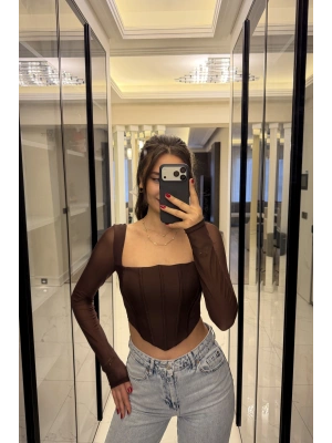 Kahve Tül Kollu Korse Bluz