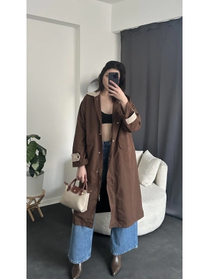 Kahverengi Kadife Yaka ve Manşet Detaylı Viral Trençkot