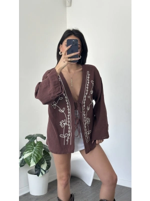 Kahverengi Lisa Nakış İşlemeli Kimono