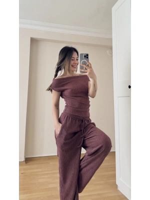 Kiremit Bürümcük Düşük Omuzlu Bluz Pantolon Takım