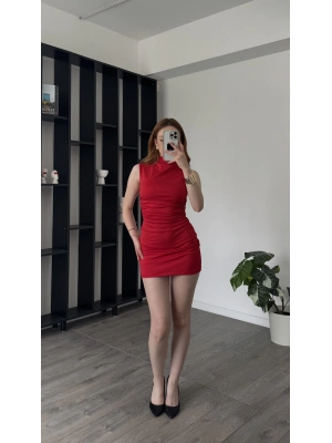 Kırmızı Alexa Balıkçı Yaka Yandan Büzgülü Elbise