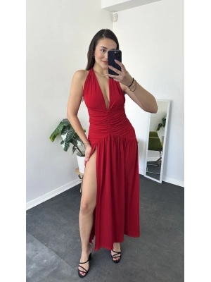 Kırmızı Astarlı V Yakalı Belden Oturma Elbise