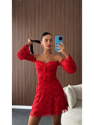 Kırmızı Dantelli Kurdele Yaka Tasarım Elbise