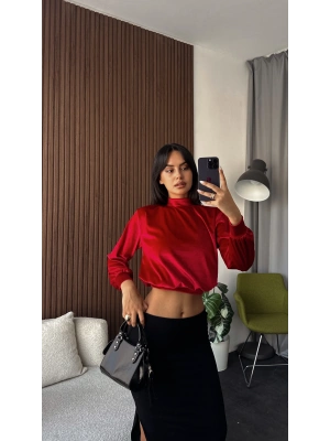 Kırmızı Dik Yakalı Kadife Bluz