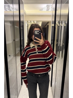 Kırmızı Düğmeli Polo Yaka Çizgili Triko Kazak