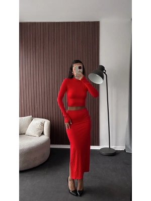 Kırmızı Elden Geçmeli Fitilli Etek Bluz 2’li Takım