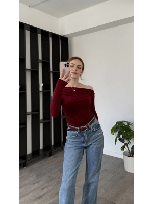 Bordo Jeor Kayık Yakalı Bluz