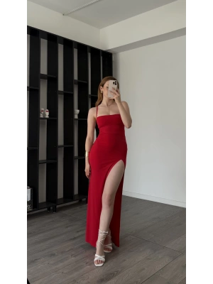 Kırmızı Ramona Bağcık Sırt Dekolteli Elbise