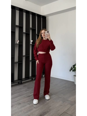 Bordo Scarlet Fitilli Pantolon Bluz 2’li Takım