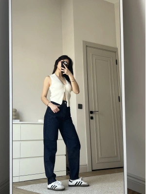 Koyu Lacivert Mom Fit Jean