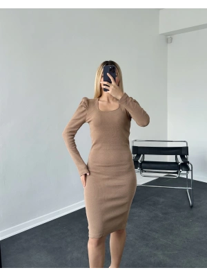 Krem Dik Omuz Detay Fitilli Kalem Elbise