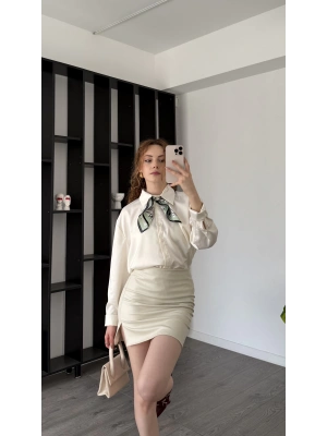 Krem Fiora Oversize Saten Gömlek