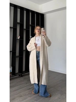 Krem Kenny Şal Yakalı Uzun Triko Hırka