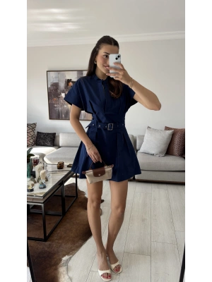 Lacivert Alexa Kemerli Pileli Elbise