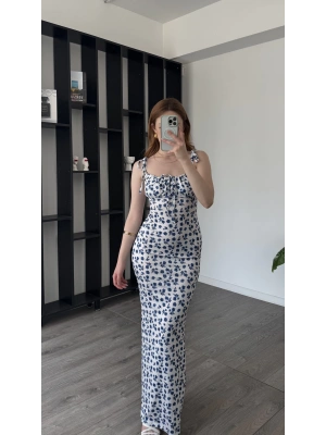 Lacivert Çiçek Desenli Bağcık Yakalı Elbise